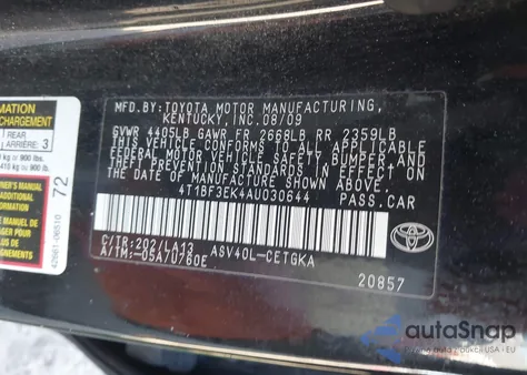 2010 Toyota Camry Xle из США, поврежденный, VIN 4T1BF3EK4AU030644